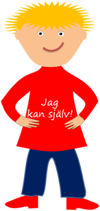 Illustration av Eva Svanström Pojke med röd tröja med texten Jag kan själv.